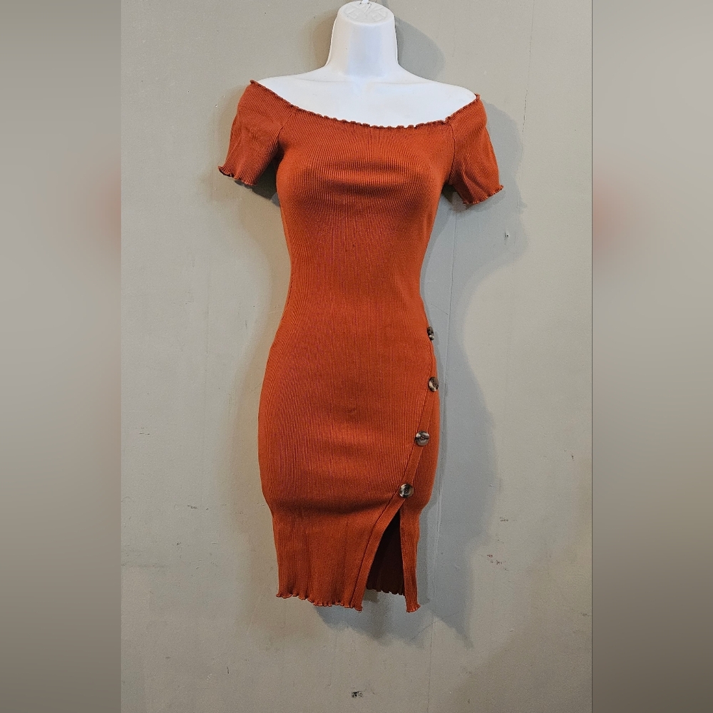 Chocolate Off-Shoulder Buttoned Mini Dress - Rust